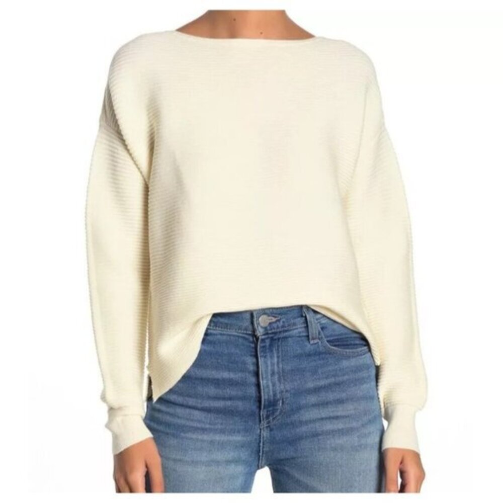 14th & Union Boatneck Ribbed Knit Sweater Ottoman Sleeves Ivory SZ S Petite NWT